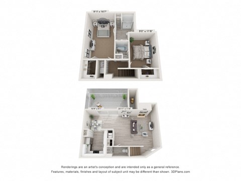 Floor plan for 2 beds, 2.5 baths, 1200 sqft